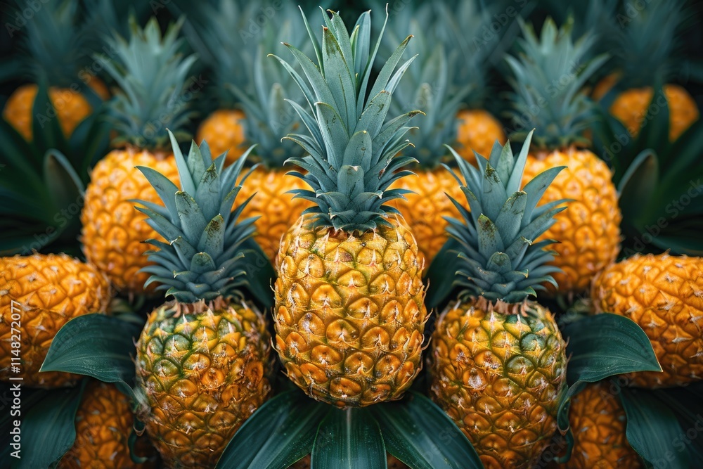 A Symmetrical Arrangement Of Ripe Pineapples In Lush Green Foliage A Symmetrical Arrangement Of Ripe Pineapples In Lush Green Foliage