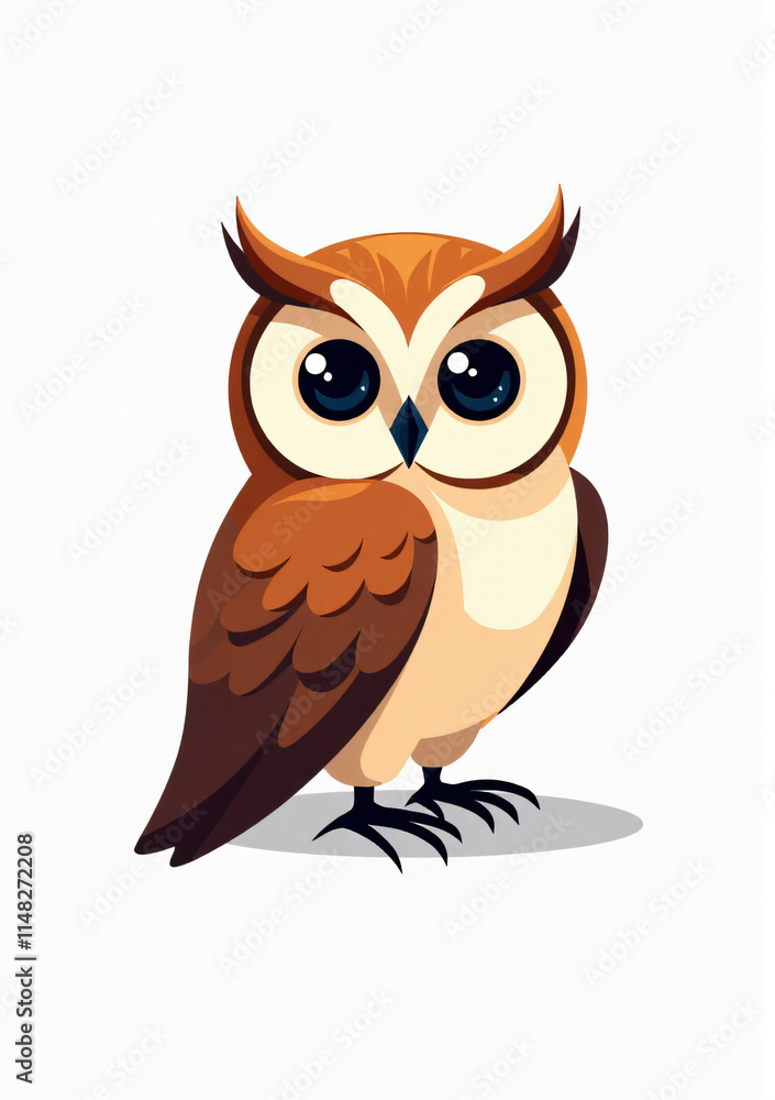 Fototapeta premium Cute Owl with Big Eyes on White Background, 2D Vector Wild Bird Illustration 