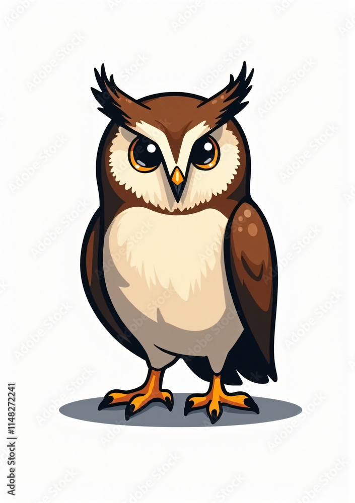 Fototapeta premium Cute Owl with Big Eyes on White Background, 2D Vector Wild Bird Illustration 