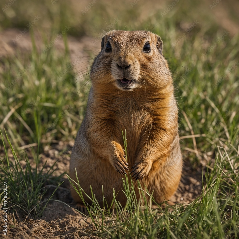 A prairie dog popping out of its burrow surrounded by swaying grass. A prairie dog popping out of its burrow surrounded by swaying grass.