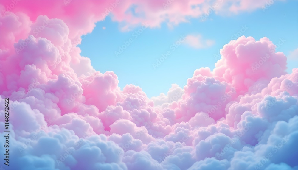 Abstract 3d candy fluffy texture with gradient cotton candy clouds in the sky. Fantasy pink cloud in sky pastel background. Fairy Paradise realistic soft cloudy sunset landscape.