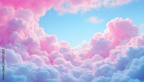 Abstract 3d candy fluffy texture with gradient cotton candy clouds in the sky. Fantasy pink cloud in sky pastel background. Fairy Paradise realistic soft cloudy sunset landscape. photo