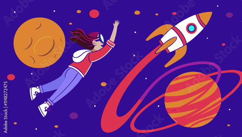 Virtual Reality Concept - Girl in Space with Planets, Rocket, and VR Glasses - Vector Art