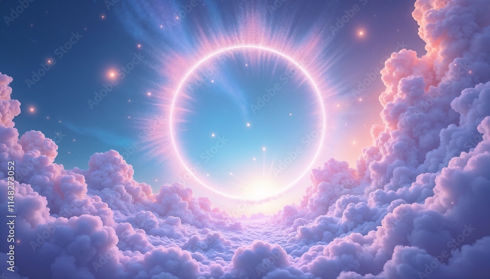 Fototapeta premium Glowing celestial ring above dreamy pastel clouds.