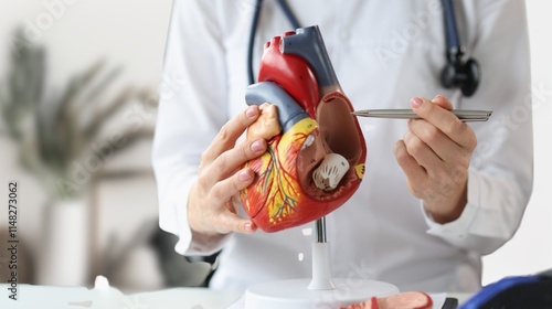 A doctor works at a desk in the hospital,discussing heart diseases such as coronary artery disease,arrhythmia,heart valve stenosis,heart failure congenital heart disease, emphasizing CAD photo