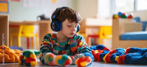 An autistic child engaged in a calming activity, wearing noise-canceling headphones, surrounded by sensory-friendly tools like weighted blankets and textured toys, in a bright, inclusive classroom emp photo