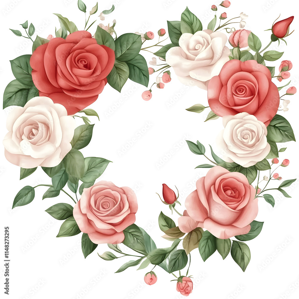 heart shaped floral frame adorned with red and white roses, symbolizing love and romance heart shaped floral frame adorned with red and white roses, symbolizing love and romance