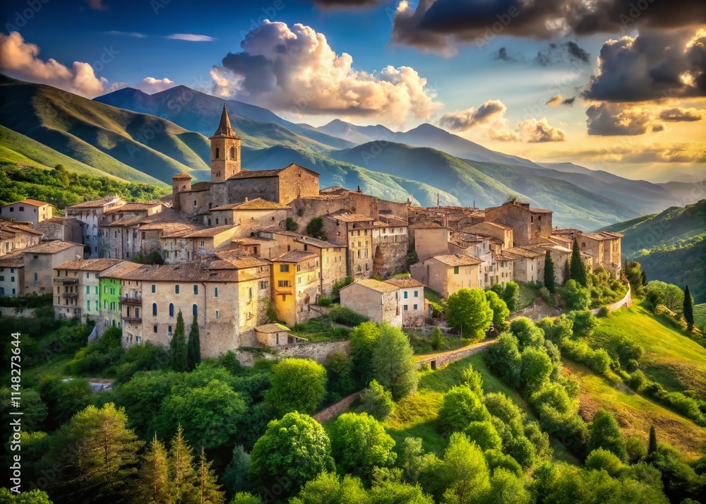 Fototapeta premium Pacentro Abruzzo Italy: Picturesque Hilltop Village, Stunning Views, L'Aquila Province, Italian Alps, Medieval Architecture, Travel Photography