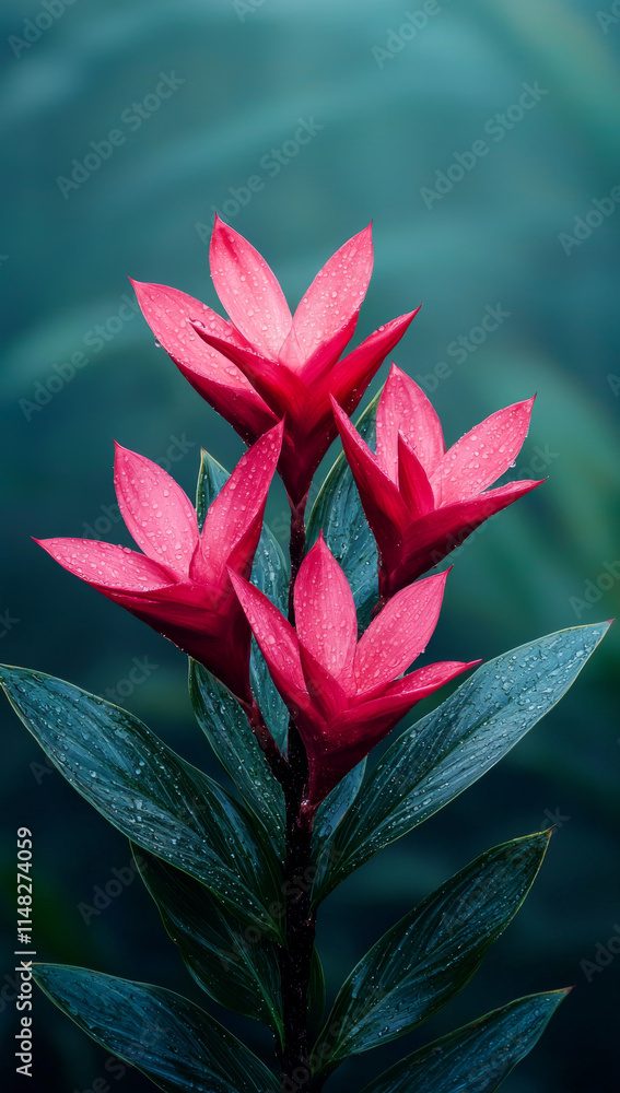 Vibrant pink flowers with droplets on leaves in lush background Vibrant pink flowers with droplets on leaves in lush background