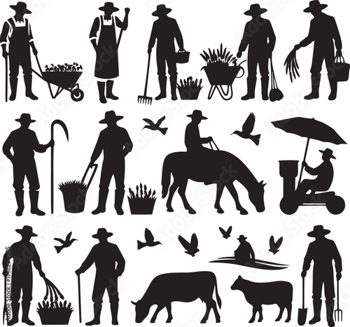 Farmers, animals, and farm tools silhouettes.