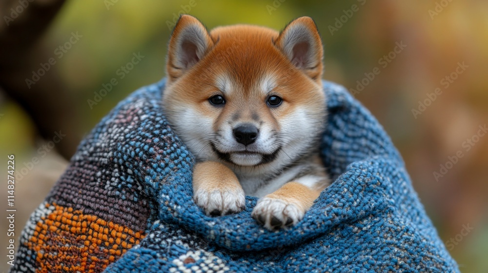 A cheerful Shiba Inu puppy with a curious expression peeking out from behind a vibrant blue banner on a soft blue pastel background for a cute composition A cheerful Shiba Inu puppy with a curious expression peeking out from behind a vibrant blue banner on a soft blue pastel background for a cute composition