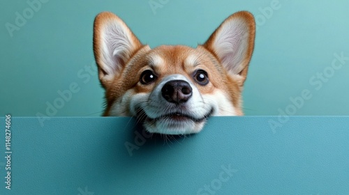 Funny portrait of a smiling Shiba Inu puppy peeking over a blue banner isolated on a pastel blue background radiating happiness and playfulness