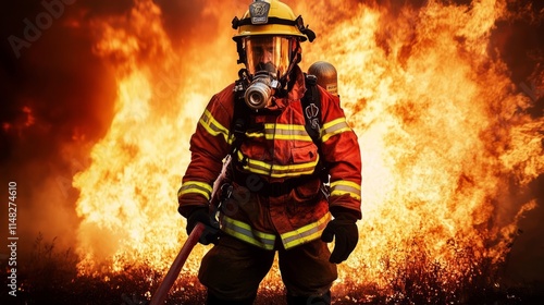 Feuerwehrmann kniet vor einem Feuer