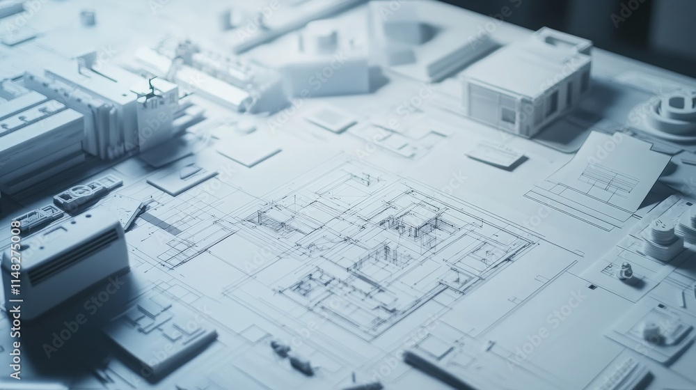 Architects and Engineers Collaborating on Building Designs with 3D Models and Drafting Tools at a Construction Site Architects and Engineers Collaborating on Building Designs with 3D Models and Drafting Tools at a Construction Site