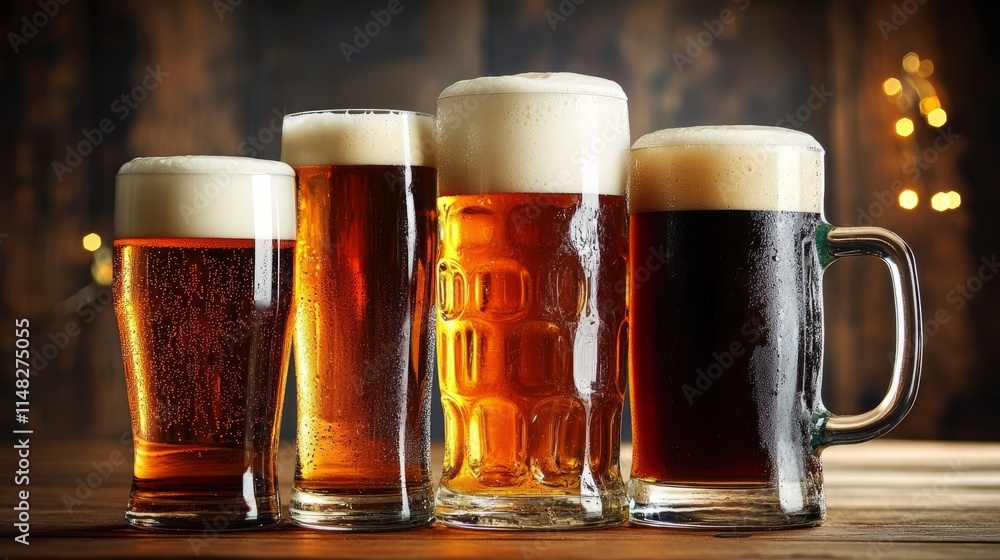 Four glassed of beer on wooden background Four glassed of beer on wooden background