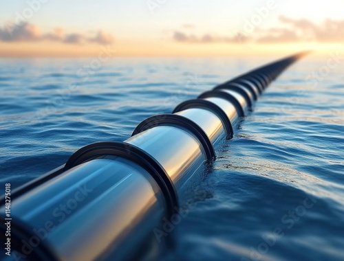 A photorealistic image of an energy storage system floating on the sea, made from steel pipes and glass panels, with ocean waves in motion around it. photo