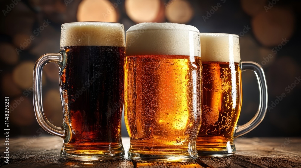 Four glassed of beer on wooden background Four glassed of beer on wooden background