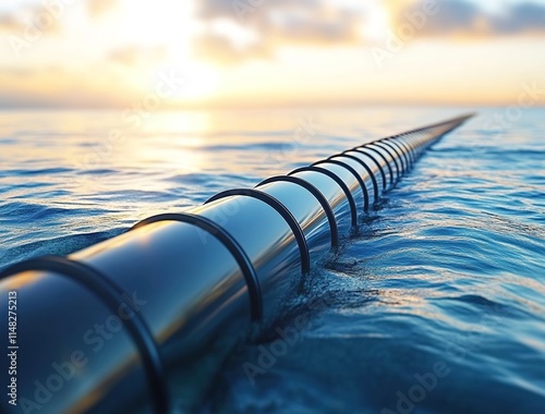 A photorealistic image of an energy storage system floating on the sea, made from steel pipes and glass panels, with ocean waves in motion around it. photo