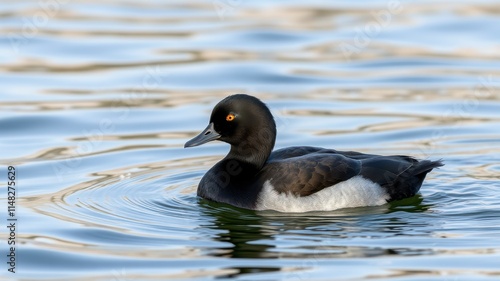 Black and white duck swims gracefully in serene water during golden hour