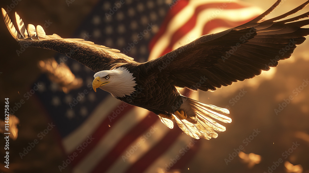 Naklejka premium Soaring bald eagle with wings outstretched against flag backdrop