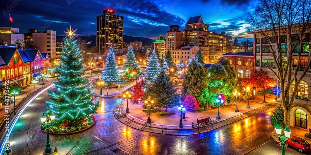 Fototapeta premium Panoramic Christmas Lights Display, Festive Holiday Illumination, Night Cityscape, Sparkling Winter Wonderland