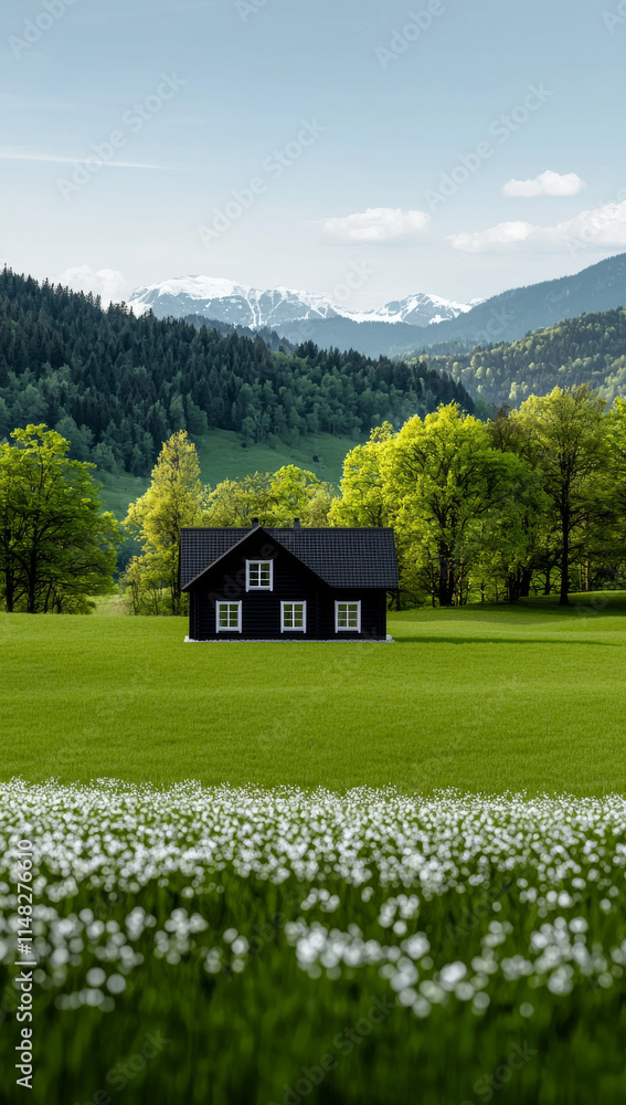 serene black house surrounded by lush green fields and mountains serene black house surrounded by lush green fields and mountains