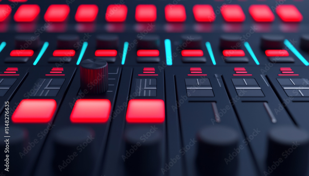 Obraz premium High tech audio mixer with vibrant red and blue controls, perfect for music production