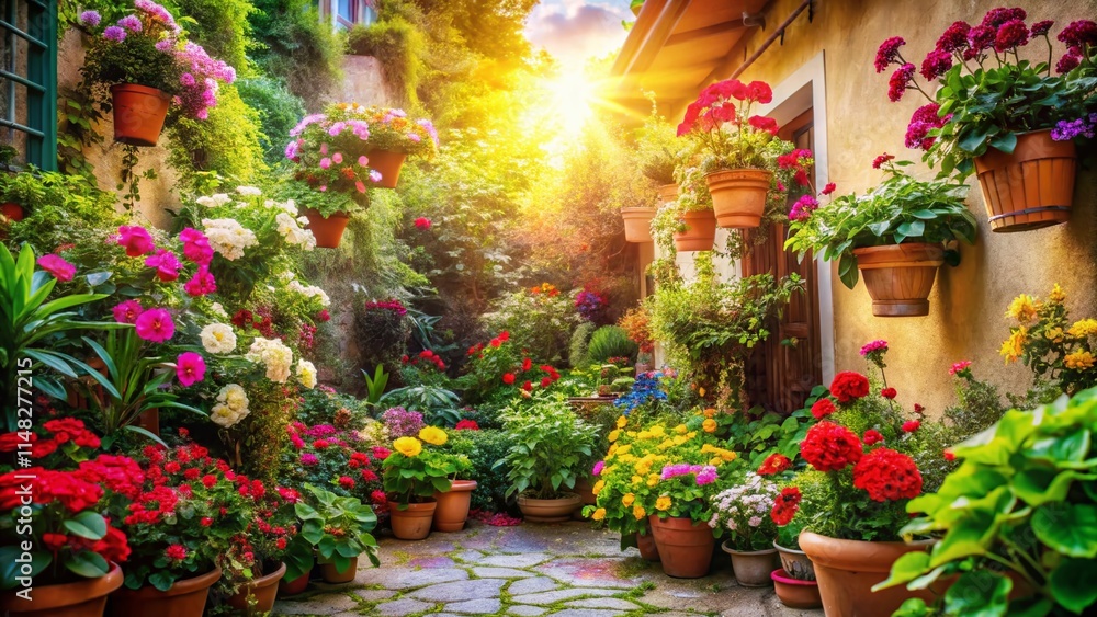 Fototapeta premium Panoramic Colorful Courtyard Lush Potted Plants Blooming Flowers Photography