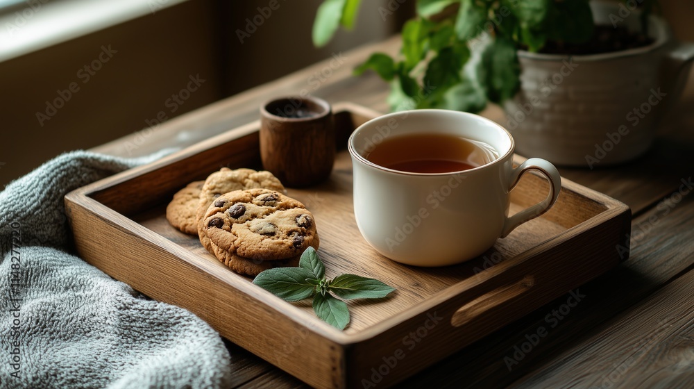 Cozy Tea and Cookies on Wooden Tray Cozy Tea and Cookies on Wooden Tray