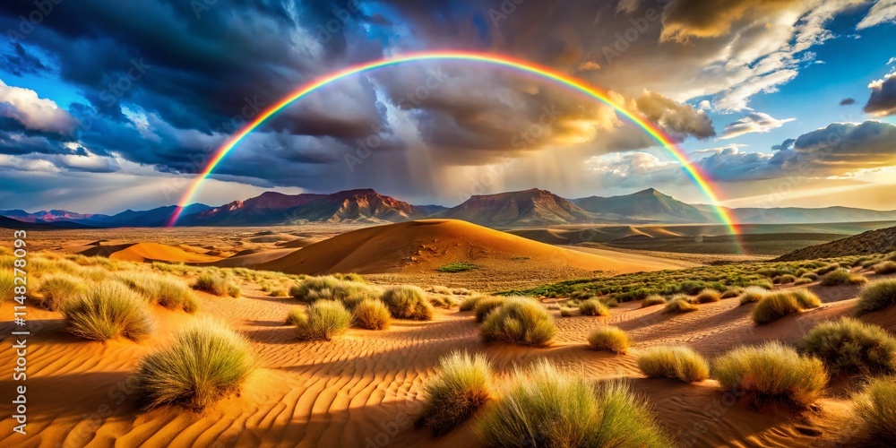 Obraz premium Panoramic Desert Rainbow: Arid Valley Landscape Photography
