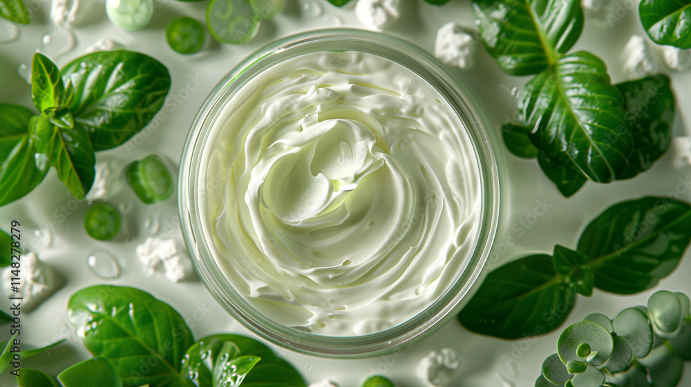 Obraz premium Natural skincare cream jar with texture swipe on clear surface,