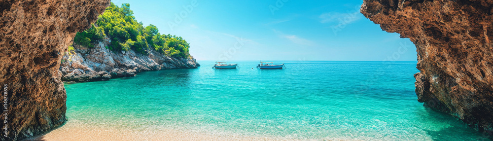 serene beach view with boats in clear turquoise water and rocky cliffs serene beach view with boats in clear turquoise water and rocky cliffs