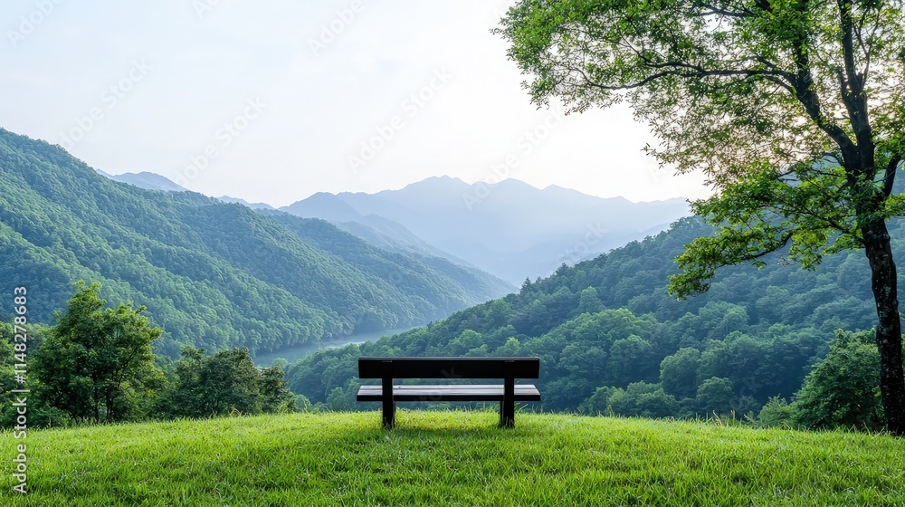 Serene mountain view from a park bench. Serene mountain view from a park bench.