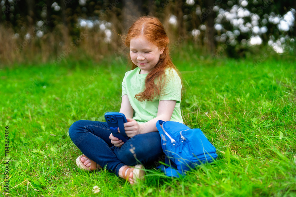 Fototapeta premium Young girl sits on green grass interacting with her smartphone in a sunny outdoor setting