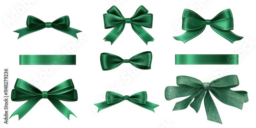 Green ribbon bows and banners design elements set, on transparent background