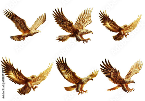 Flying Golden Eagle Emblem With Glossy Metallic High Resolution Finish. Gold eagle flying with shiny wings rendered in detailed high resolution design