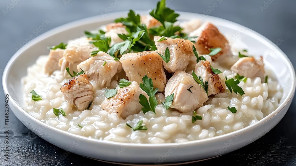Creamy risotto with diced chicken and fresh parsley. Creamy risotto with diced chicken and fresh parsley.