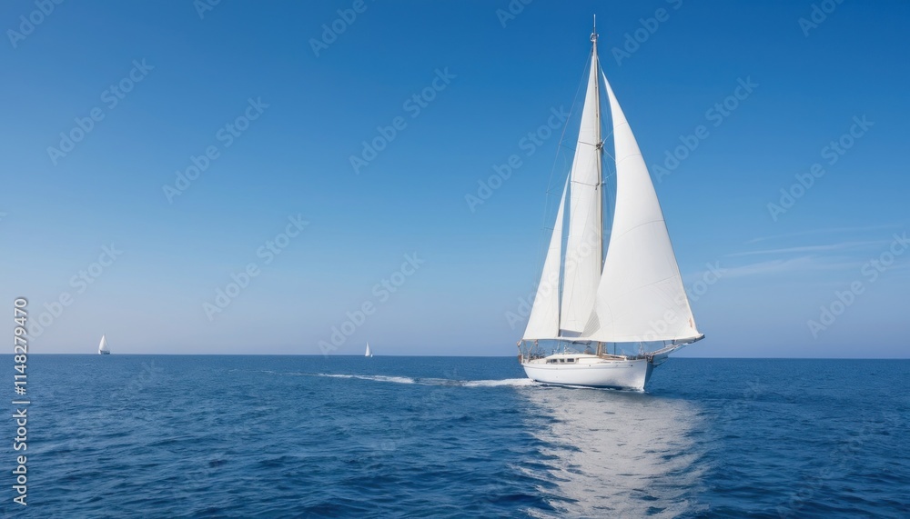 A sailboat with white sails navigates the calm, expansive blue sea under a clear sky, creating a serene and peaceful atmosphere A sailboat with white sails navigates the calm, expansive blue sea under a clear sky, creating a serene and peaceful atmosphere