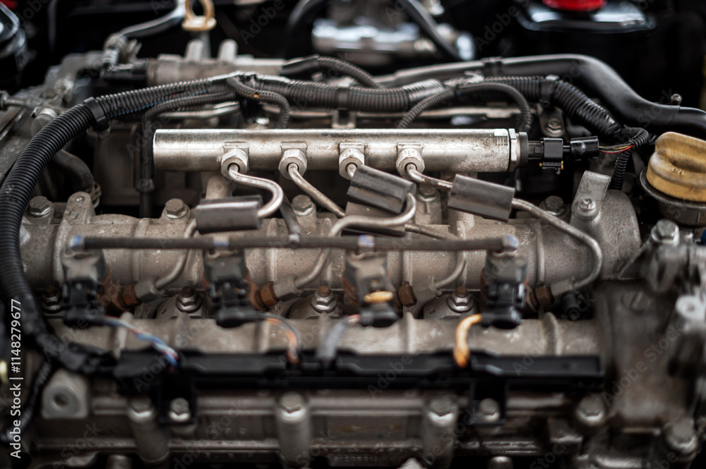 Close up of fuel injectors in a car motor engine Close up of fuel injectors in a car motor engine
