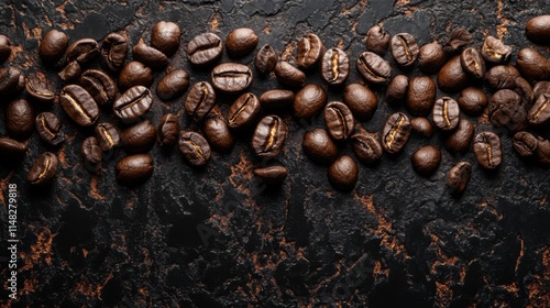 Close-up of roasted coffee beans spread evenly photo