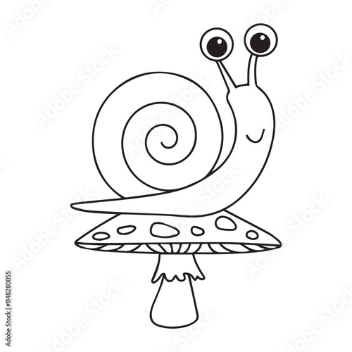 coloring page outline of cartoon cute snail sits on a mushroom. colorful vector illustration, summer coloring book for kids