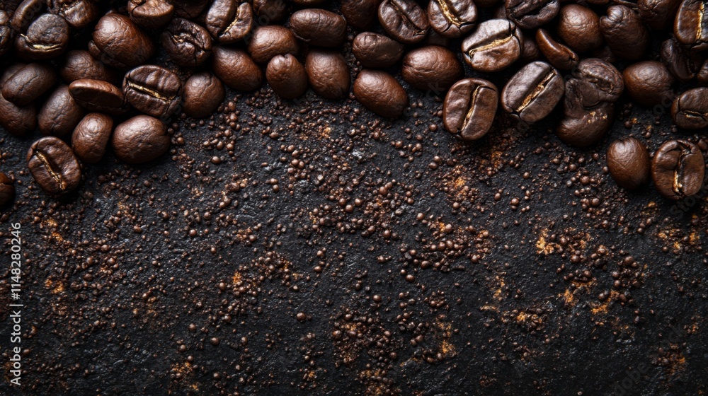 Top view of coffee beans with dark textured background Top view of coffee beans with dark textured background