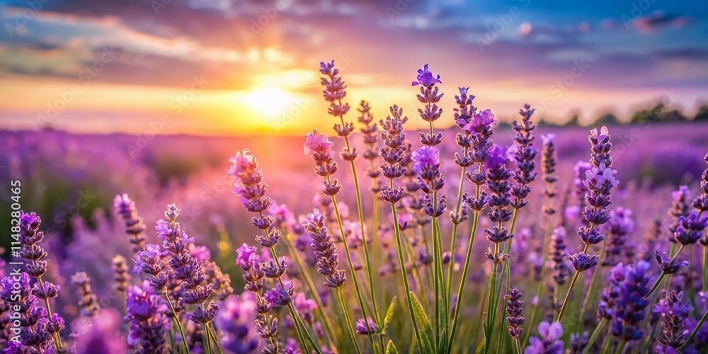 Naklejka premium Panoramic Lavender Field: Purple Flower Blossom in Summer Garden, Macro Floral Beauty