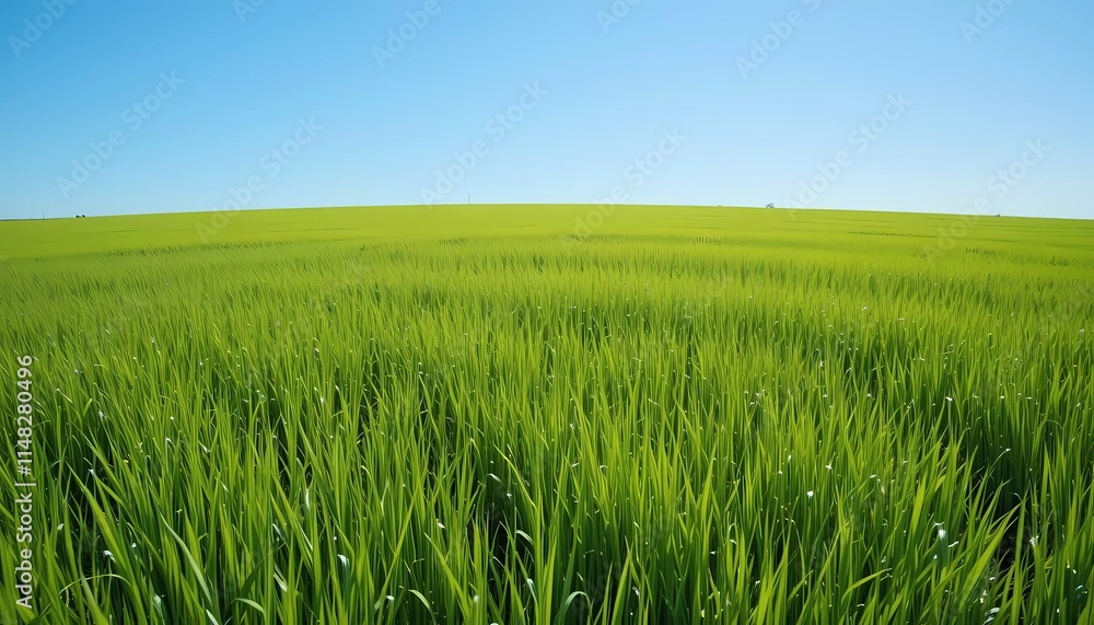 This scene captures a wide, lush green field stretching into the distance, set against a bright blue sky with sparse trees dotting the horizon This scene captures a wide, lush green field stretching into the distance, set against a bright blue sky with sparse trees dotting the horizon