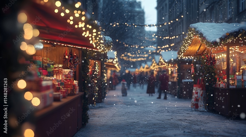 Winter Market with Bright Lights and Snowy Pathways in a Festive Atmosphere Winter Market with Bright Lights and Snowy Pathways in a Festive Atmosphere