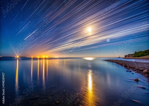 Panoramic Moonlit Seascape: Lunar Path, Night Horizon, Long Exposure Photography photo