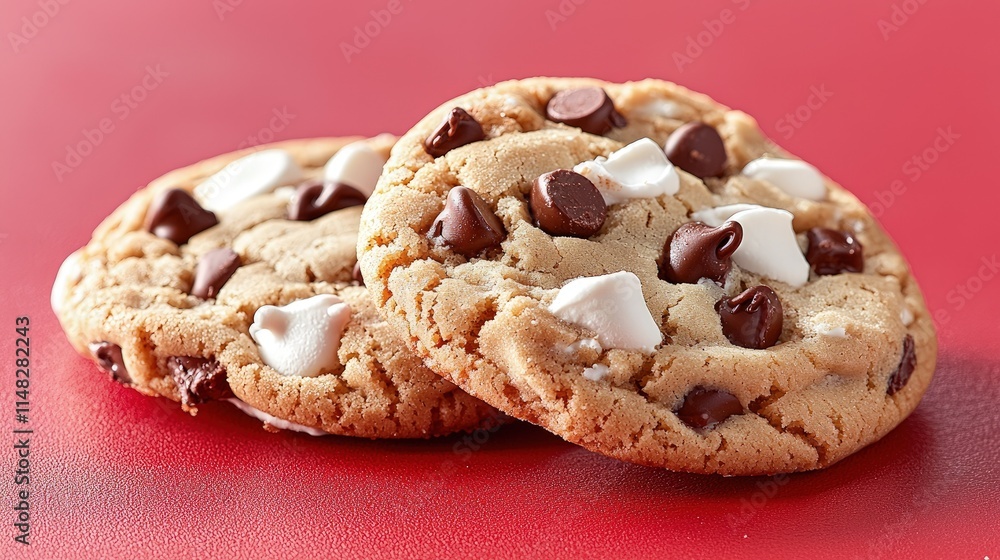 Two delicious chocolate chip cookies with marshmallow topping on red background. Two delicious chocolate chip cookies with marshmallow topping on red background.