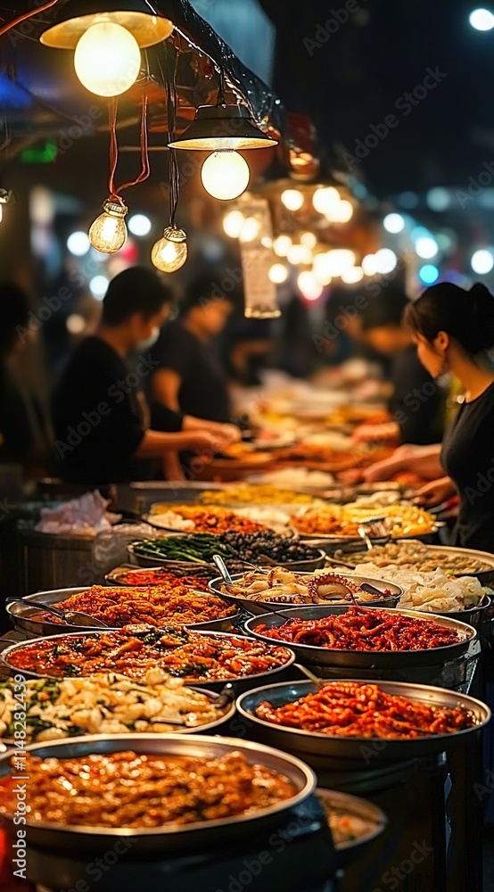 A vibrant street food market in the night, filled with an array of colorful dishes and people laughing around tables full of mouthwatering delicacies. A vibrant street food market in the night, filled with an array of colorful dishes and people laughing around tables full of mouthwatering delicacies.