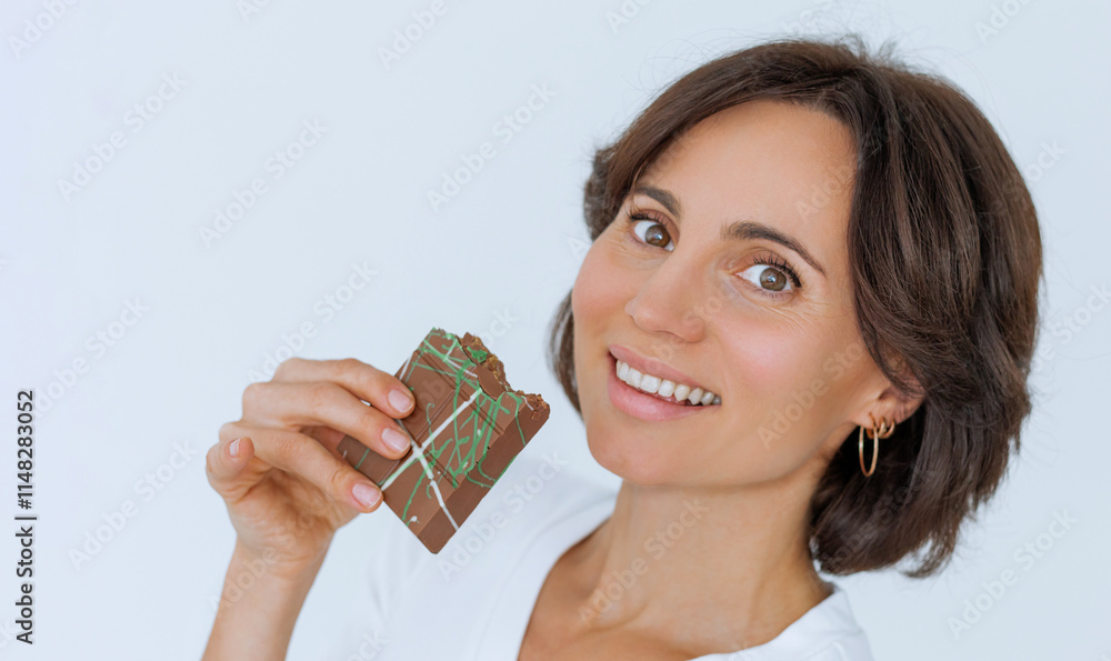 Close up of woman portrait eating Dubai chocolate with green pistachio paste, cream and kataifi dough isolated on white background. Trend dessert. Banner
Close up of woman portrait eating Dubai chocolate with green pistachio paste, cream and kataifi dough isolated on white background. Trend dessert. Banner