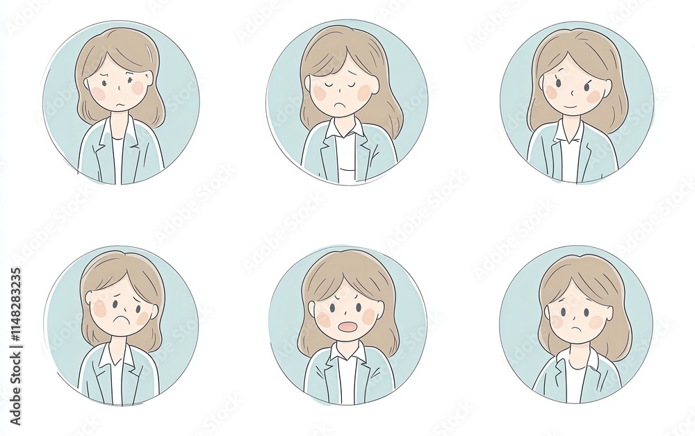 A series of business women depicted in various emotional states: happy, sad, angry, and cute. These icons feature a minimalist, flat design in pastel colors A series of business women depicted in various emotional states: happy, sad, angry, and cute. These icons feature a minimalist, flat design in pastel colors